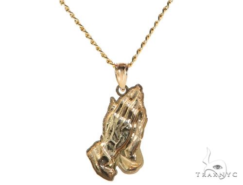 10K Yellow Gold Praying Hands Charm 24 Inches Cuban Link Chain Set, photo 3 of 7