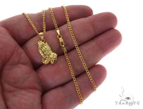 10K Yellow Gold Praying Hands Charm 24 Inches Cuban Link Chain Set, photo 5 of 7