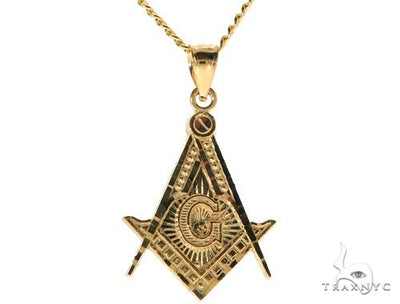 10K Yellow Gold Square and Compasses Masonic Instruments Charm 24 Inches Cuban Link Chain Set 61817 - Image 1