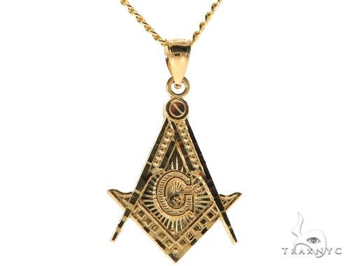 10K Yellow Gold Square and Compasses Masonic Instruments Charm 24 Inches Cuban Link Chain Set 61817 - Image 1