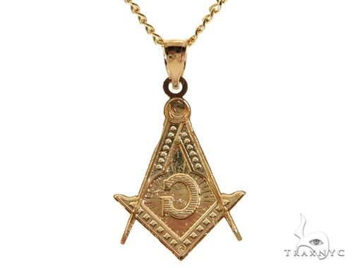 10K Yellow Gold Square and Compasses Masonic Instruments Charm Cuban Link Chain Set, photo 3 of 7