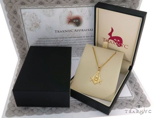 10K Yellow Gold Square and Compasses Masonic Instruments Charm Cuban Link Chain Set, photo 7 of 7