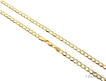 10k yellow gold curb link chain, 4mm width, 26 inches, flat interlocking links on white background