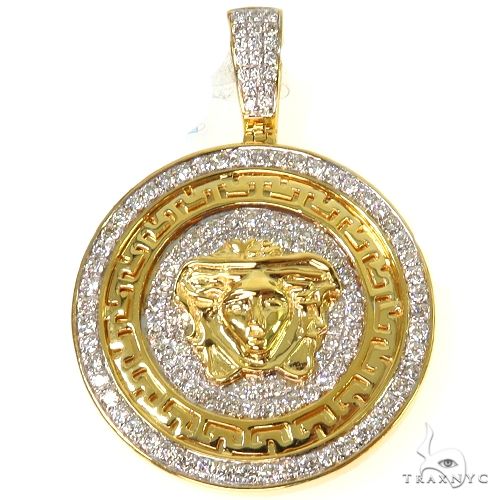 Men's 10k yellow gold small diamond Medusa pendant, front-facing relief detail with diamond accents