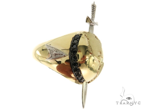 10KY yellow gold sword ring with black diamonds and detailed hilt design