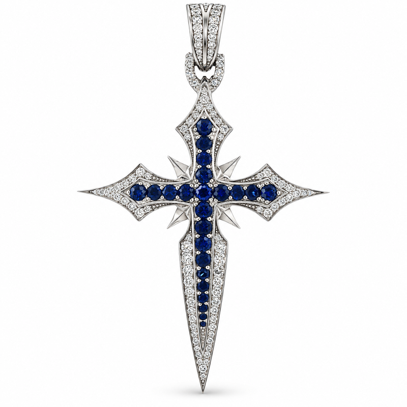 10K Gold Sapphire and Lab-Grown Diamond Cross Pendant, view 2