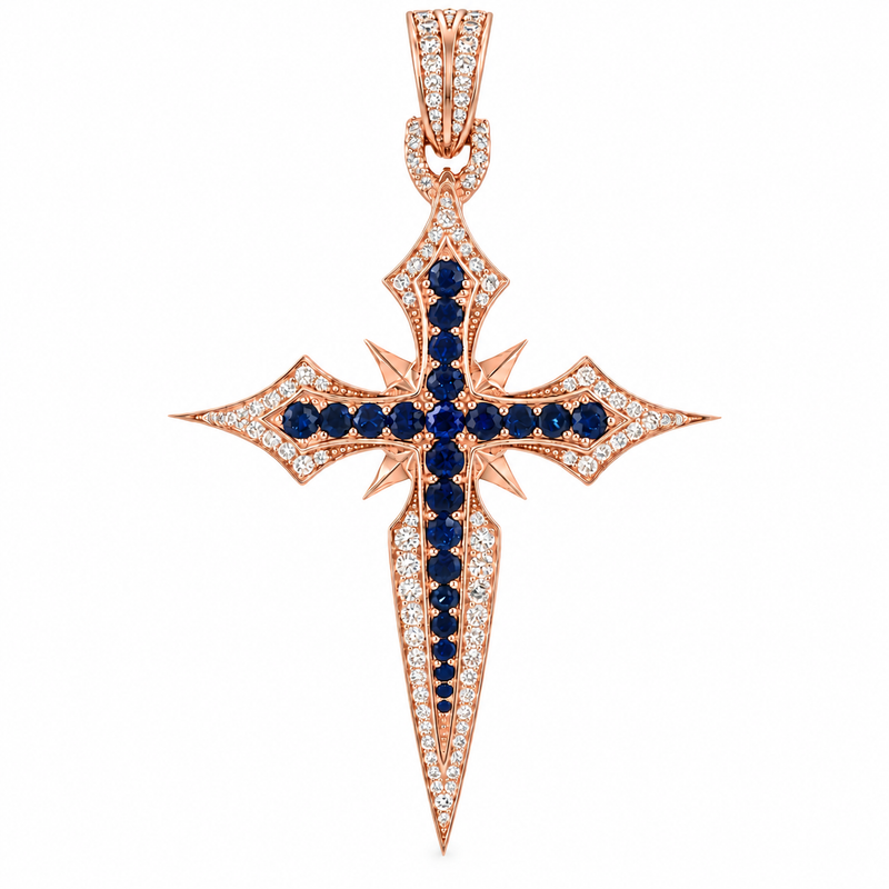 10K Gold Sapphire and Lab-Grown Diamond Cross Pendant, view 3