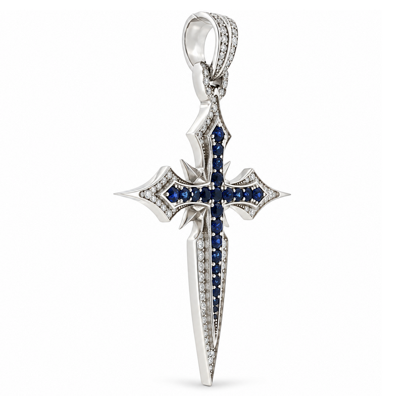 10K Gold Sapphire and Lab-Grown Diamond Cross Pendant, view 5