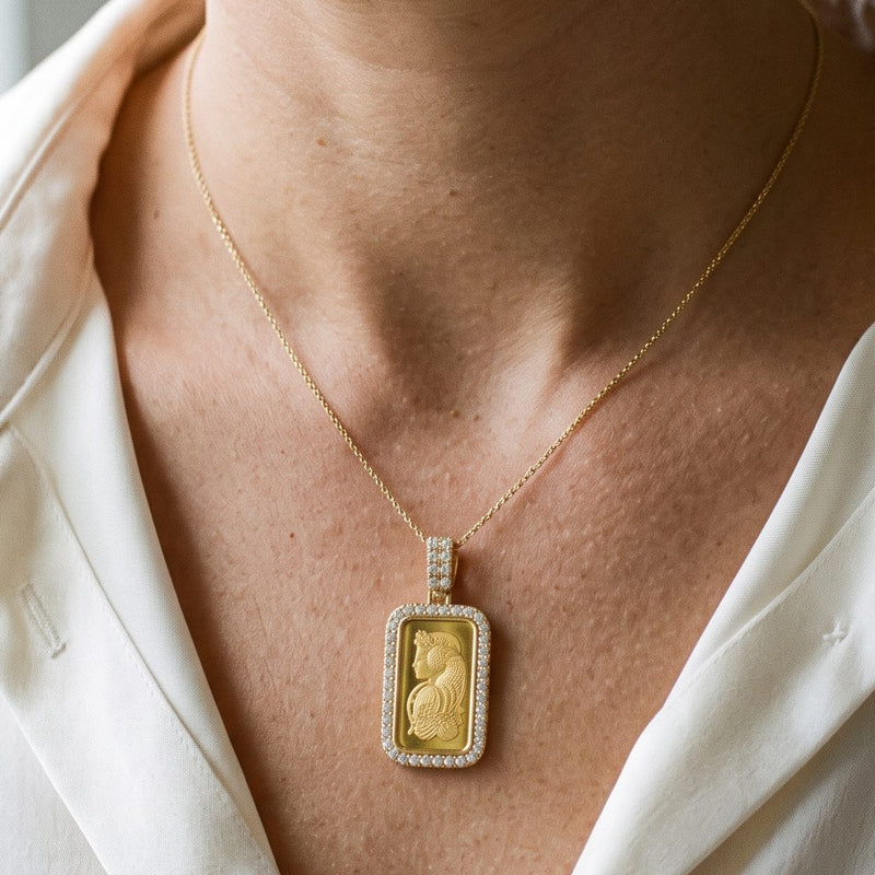 10 Gram 24K Gold Pamp Suisse Bar Diamond Pendant, view 11