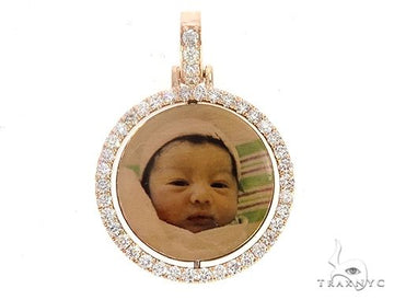 10k rose gold rotating pendant with diamond accents and custom photo display.