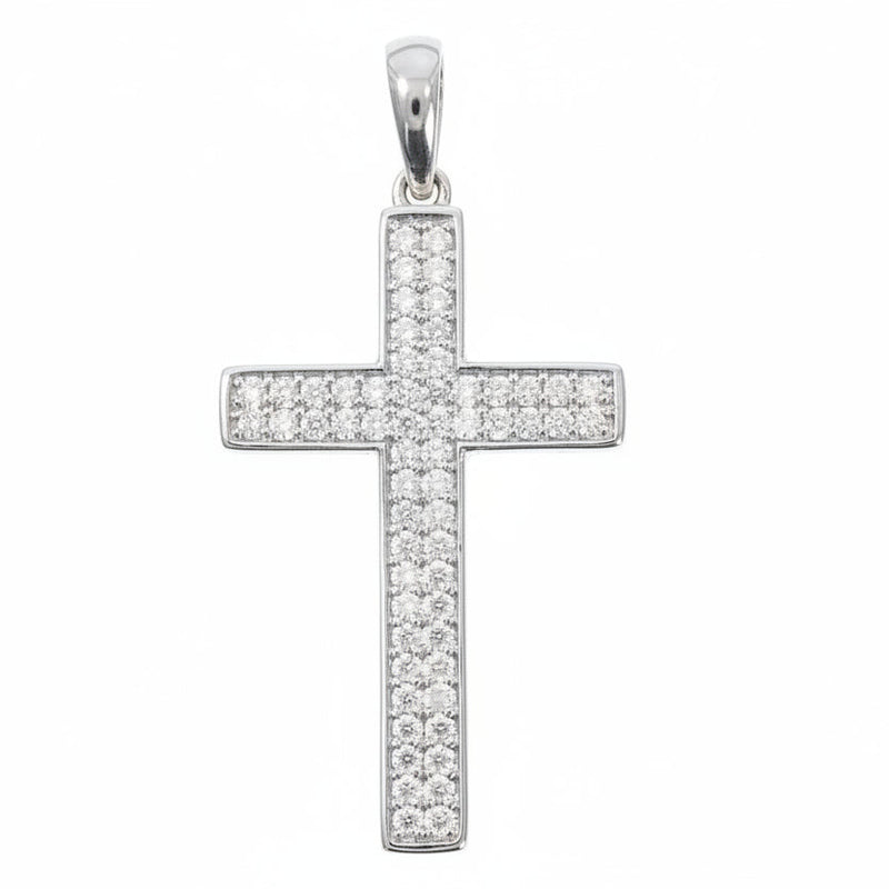 10K gold diamond cross pendant — rows of round diamonds across structured cross silhouette, high-polish finish