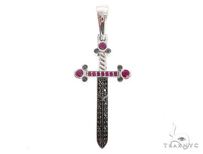 10k White Gold Black Diamond And Ruby Sword Pendant 65104 - Image 1