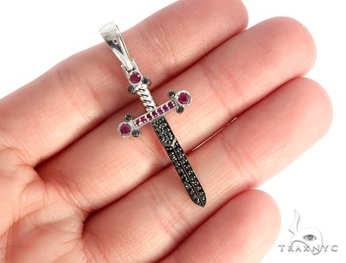 10k White Gold Black Diamond And Ruby Sword Pendant, photo 5 of 7
