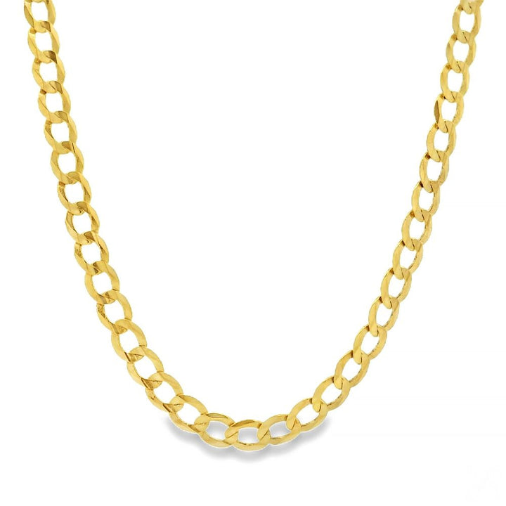10k yellow gold hollow curb link chain 3.5mm wide, flat-lay showing uniformly twisted links