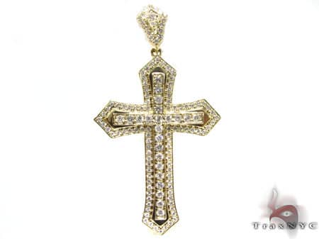 Yellow gold Roman cross pendant with intricate detailing and small diamonds embedded