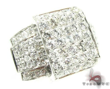 White gold men's ring with layered rectangular tiers of small pave diamonds