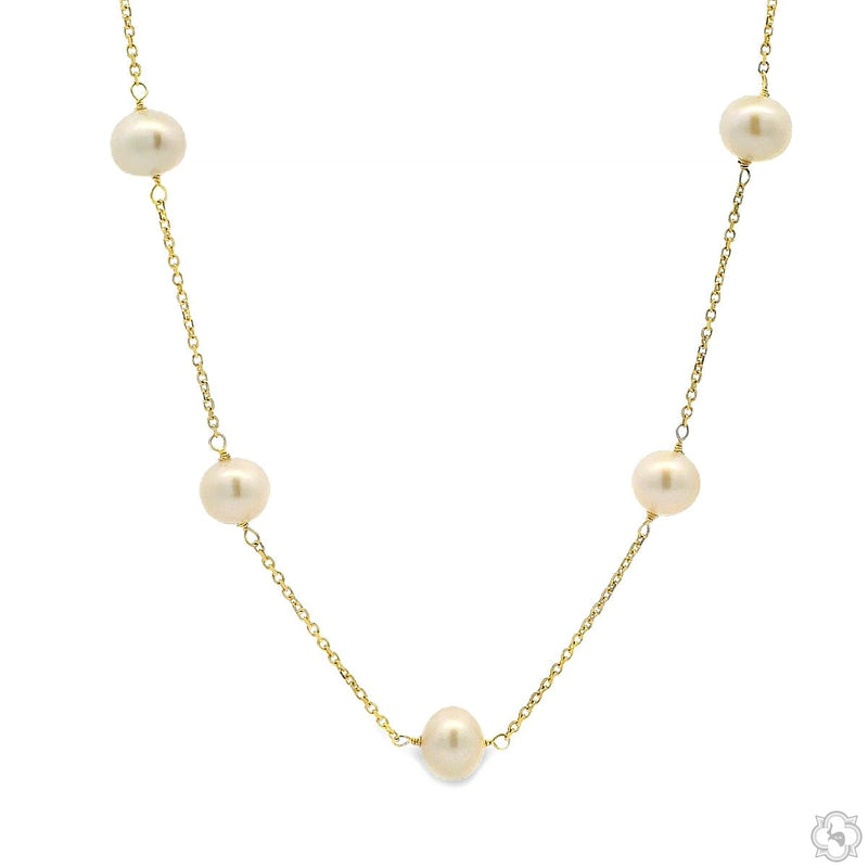 Yellow gold chain necklace with 12 evenly spaced white pearls