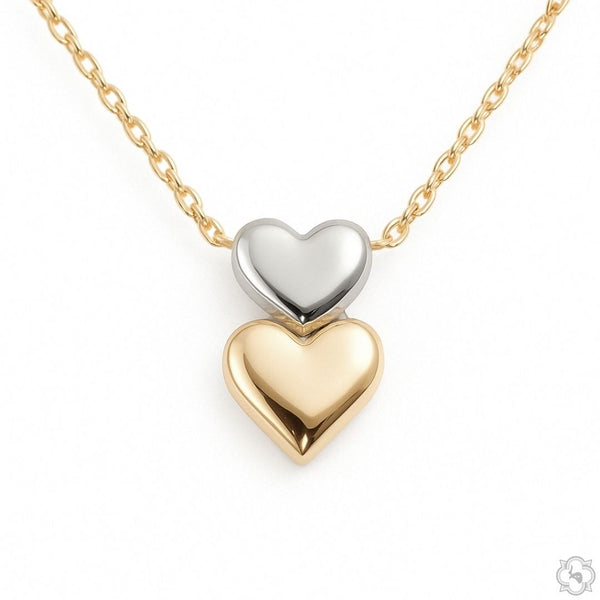 14K 2 Tone Gold Double Heart Necklace 66683 | TraxNYC