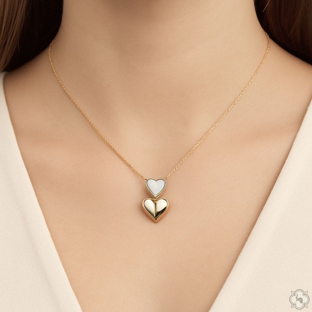 14K 2 Tone Gold Double Heart Necklace 66683 | TraxNYC