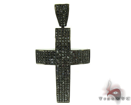 14K gold fully black diamond cross crucifix pendant — front view showing round-cut black diamonds covering entire surface