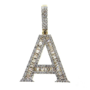 Yellow gold initial pendant A with baguette and round diamonds, polished finish.
