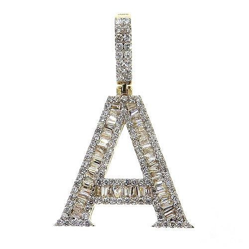 Yellow gold initial pendant A with baguette and round diamonds, polished finish