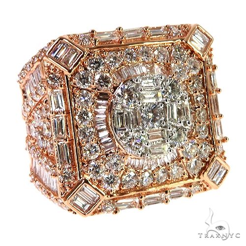14K rose gold men’s ring with baguette and round diamonds in a bold rectangular design