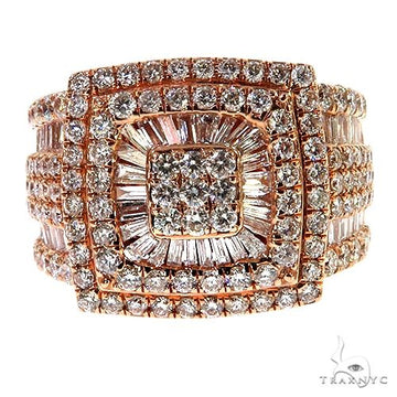 14K rose gold mens ring with baguette and round diamonds in a square halo design.