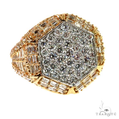 14K gold men's ring with hexagonal face and baguette diamond accents