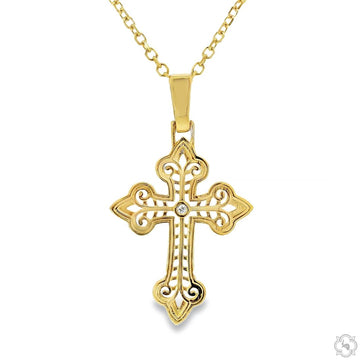 14K yellow gold cross pendant with bezel setting on matching gold chain.