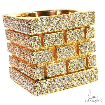 14K yellow gold men's square brick ring encrusted with diamonds, custom design.