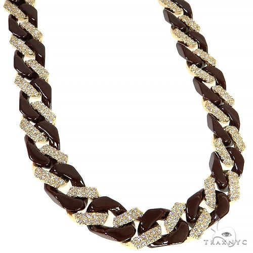 14K yellow gold Miami Cuban chain with brown ceramic and diamond iced links