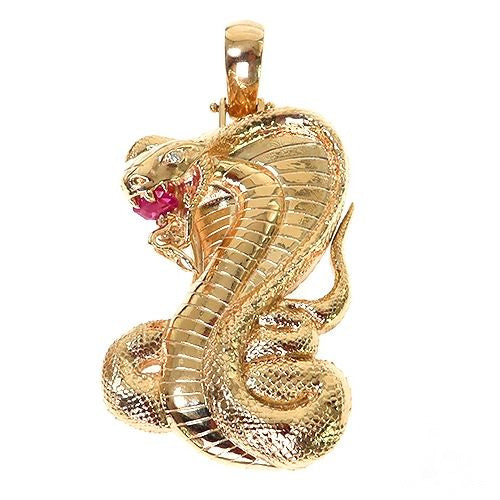 14K yellow gold cobra pendant with red gemstone eyes and detailed scale texture