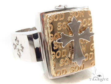 14K two-tone gold men's ring with raised cross on a textured rectangular face
