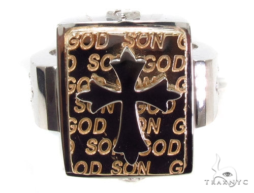 14K gold men's ring with raised cross and textured "God Son" background on rectangular face