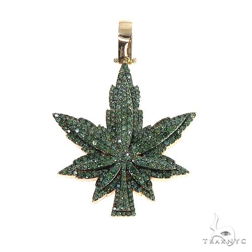 14K gold custom diamond weed pendant, front-facing view showing leaf silhouette and diamond detailing