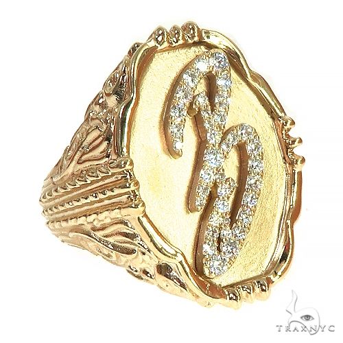14K yellow gold men's ring with custom B initial in diamond accents and intricate band detailing