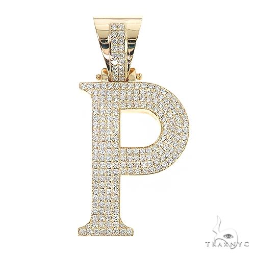 Custom diamond 'P' initial pendant in 14k yellow gold – front-facing angle showing diamond-set letter