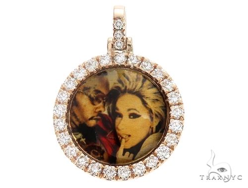 Custom photo pendant in 14k yellow gold, 0.75 inch face with prong-set round diamonds, front view