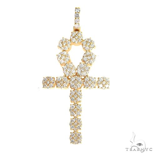 14K yellow gold cross pendant studded with sparkling round diamonds in Egyptian design