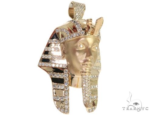 14K Gold King Tut Diamond Pendant Sandblasted Face, photo 2 of 16