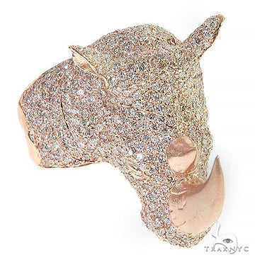 14K rose gold men's ring with diamond-encrusted rhino head design.