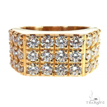 Wide 14K yellow gold men's ring with three rows of sparkling round diamonds.