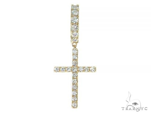 14K yellow gold single cross earring with sparkling diamonds in a vertical design