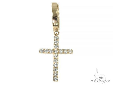 14K yellow gold single cross earring with small round diamonds, men's jewelry.