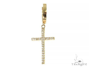 14K yellow gold single cross earring with sparkling diamonds and hinged clasp.