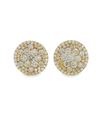 14K yellow gold cluster diamond stud earrings with round brilliant diamonds.