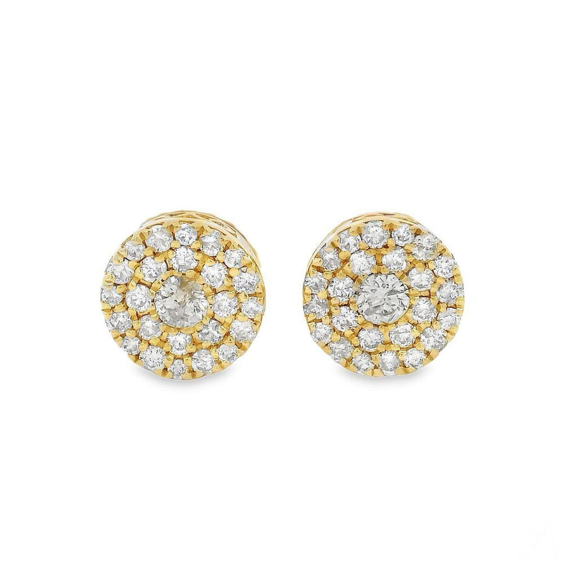 14K yellow gold diamond cluster stud earrings with round cut diamonds in a halo design