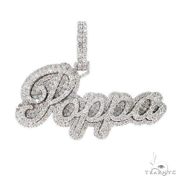 Double layer diamond name pendant in 14k gold – round-cut diamonds set across bold block lettering, front view