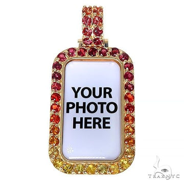 14K gold bezel pendant with gradient red to yellow gemstones, rectangular photo frame design.